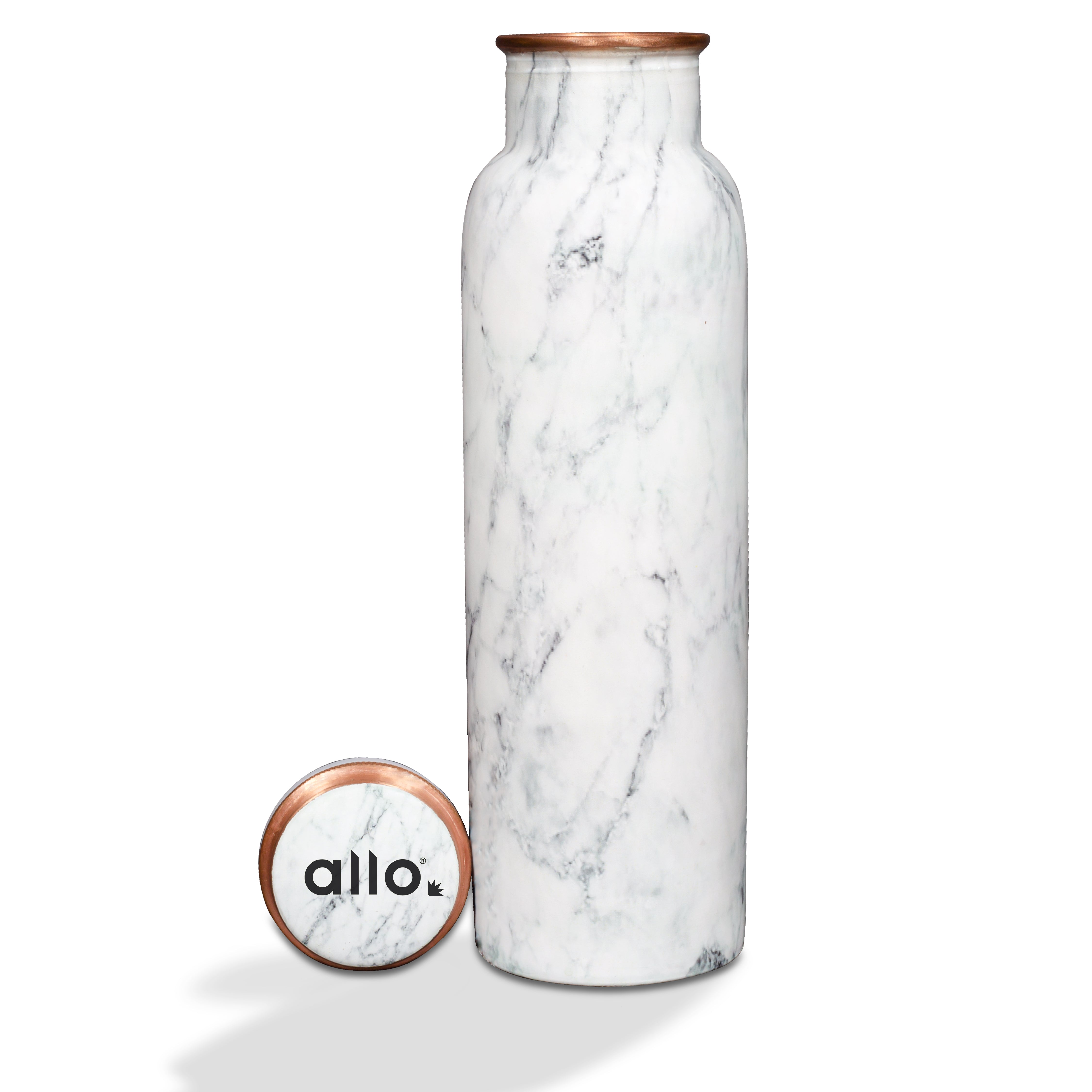 Allo Pure Copper Water Bottle 1 Litre Copper Bottle | Alkaline and Anti Oxidant | 100% Leak Proof, Office, Gym Bottle, Modern Tamba Bottle for Adults, Best Gift for Diwali (White Natural Marble)