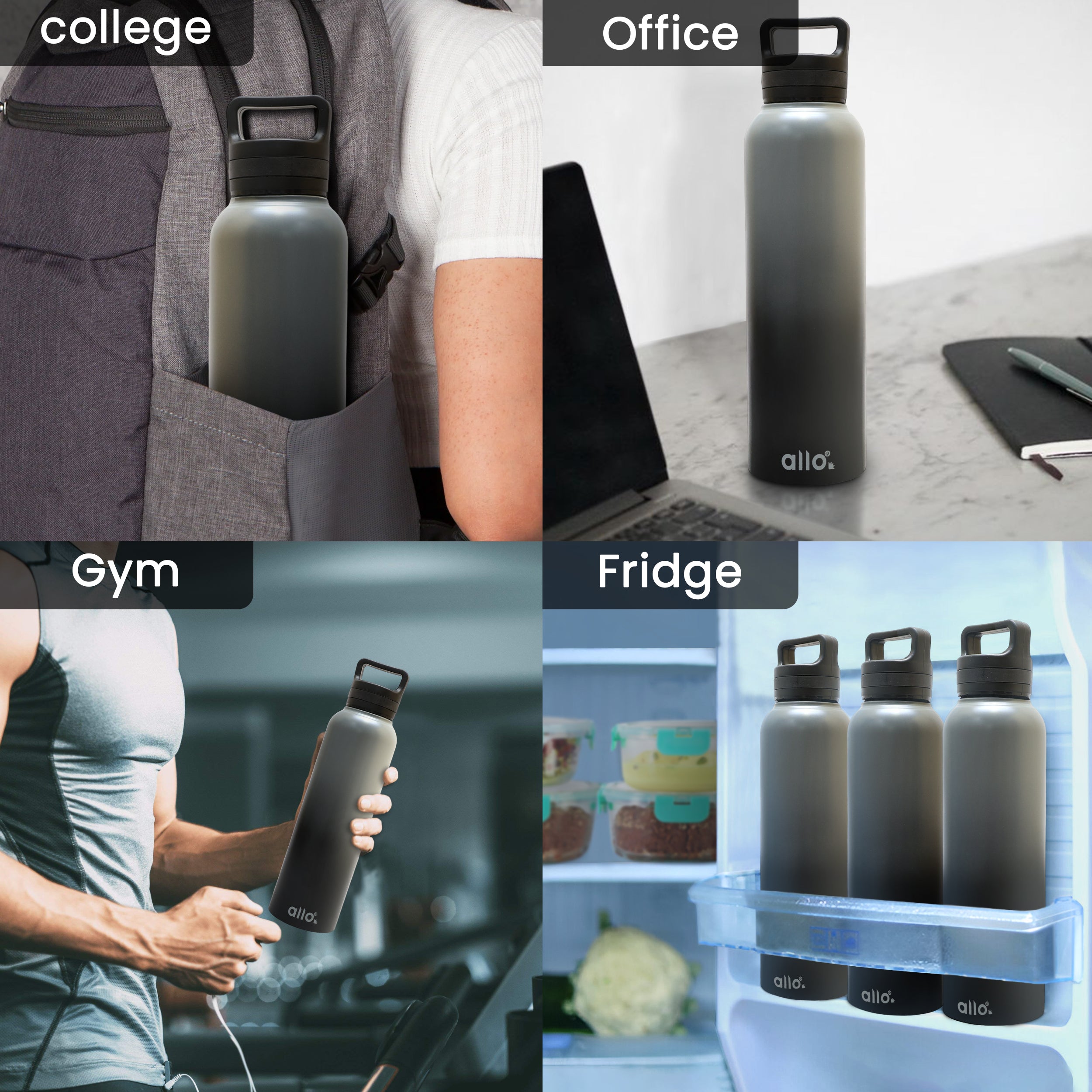 Allo Stainless Steel Water Bottle For Adults, Kids 1 Litre Water Bottles For School, Office, Sports, Gym 1L Water Bottle For Men & Women, Pack Of 2, Leak Proof, Bpa Free,Dark Grey and Black Handle Cap