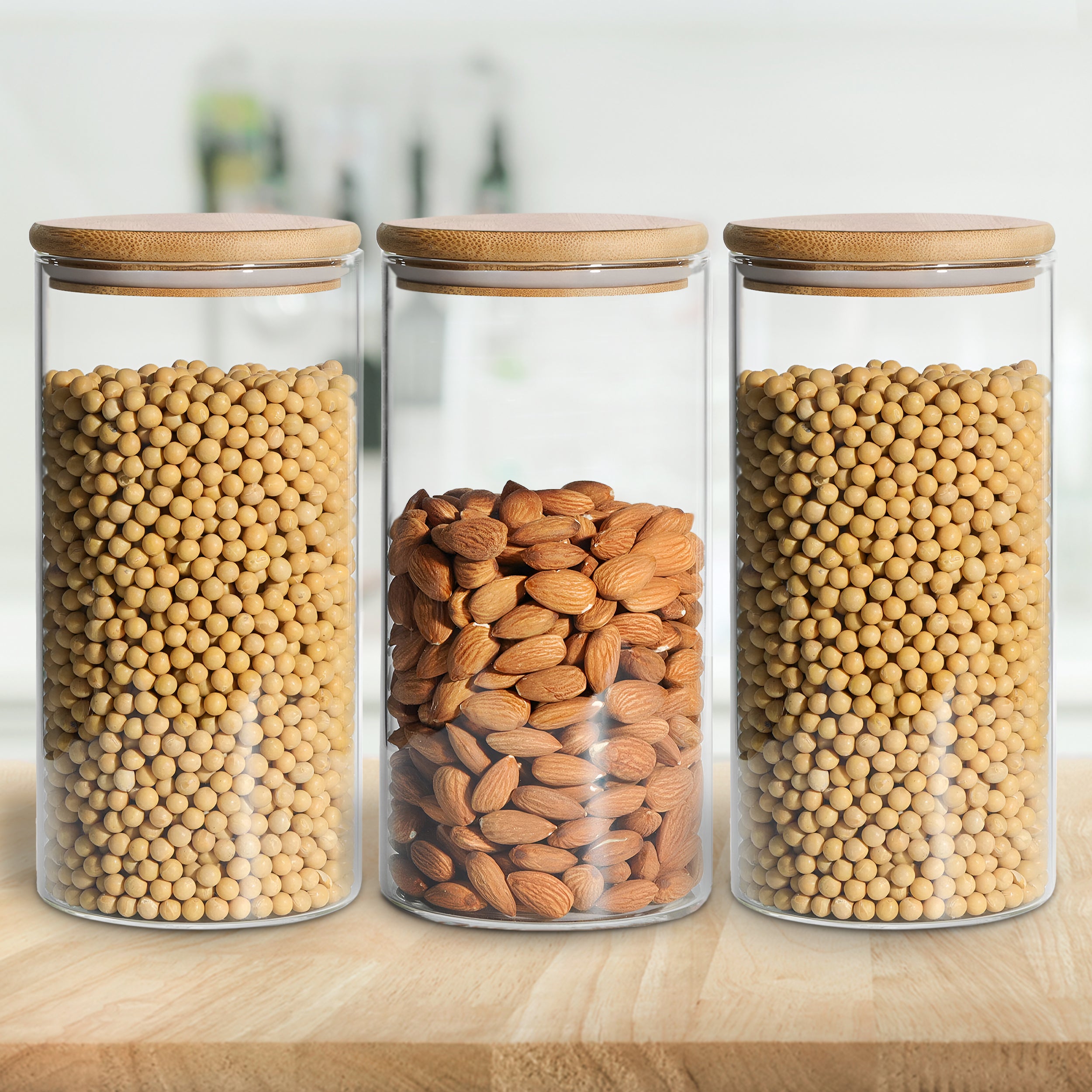 Allo 1000ML Kitchen Storage Box Glass Jars With Wooden Lids - Borosilicate Glass Food Storage Containers Airtight Glass Jar for Tea, Coffee, Spice, Pulses, Masala (Round Glass Jar - Set of 3)