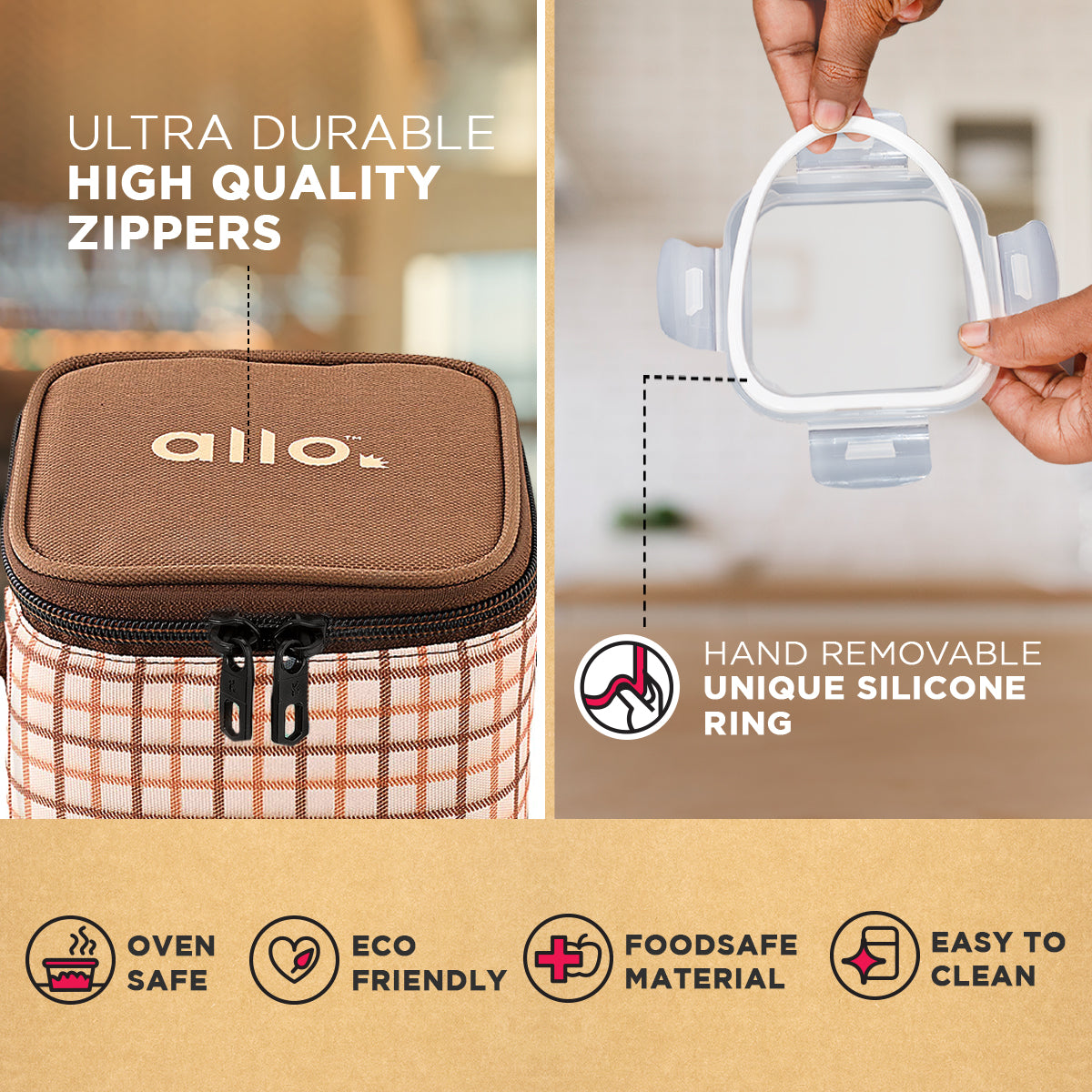 Allo Food Safe Glass Lunch Box, 450°C Microwave Safe Lunch Box, Borosilicate Glass Tiffin for office with Cocoa Brown Tiffin Bag, Set of 3, 320ml x 3, square