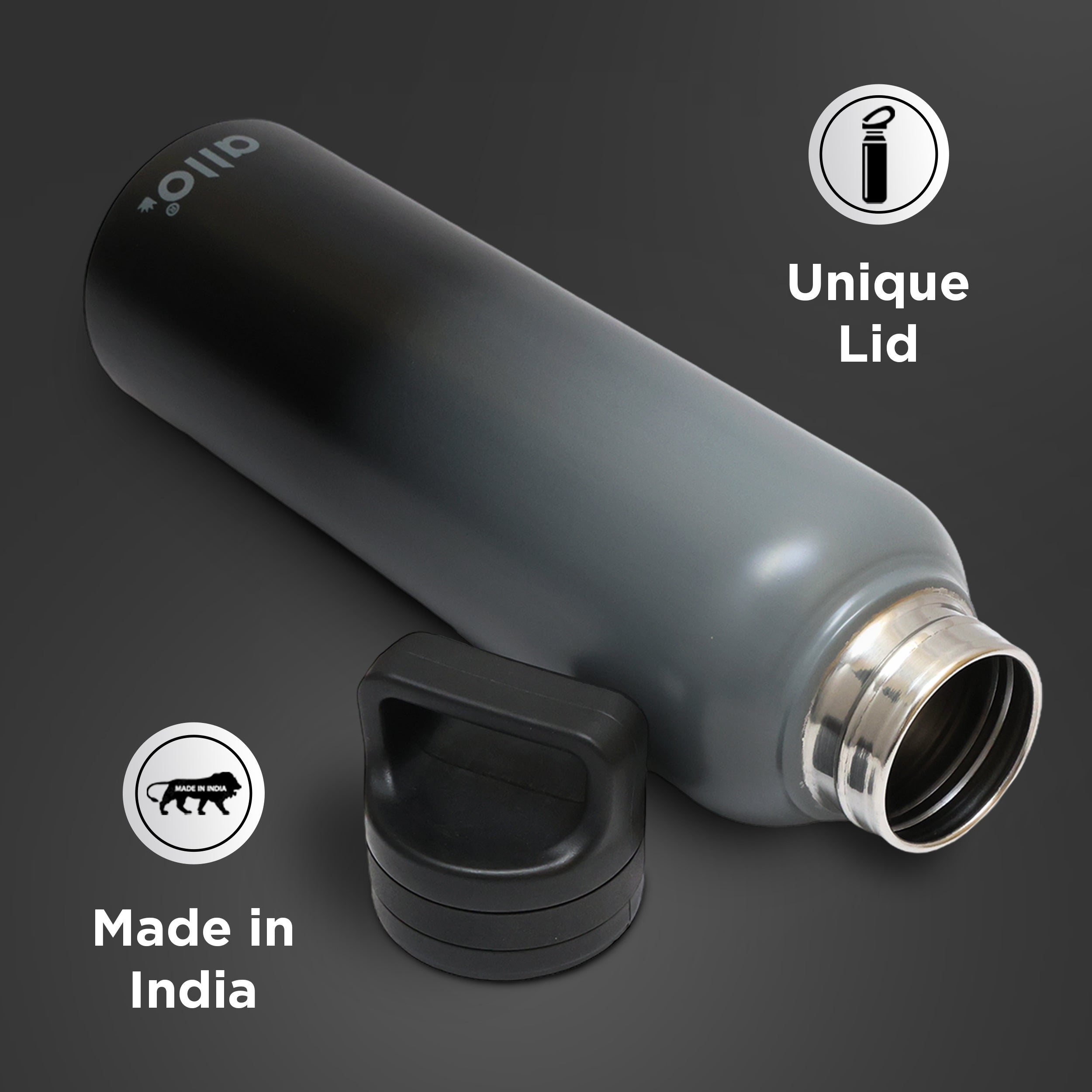 Allo Stainless Steel Water Bottle For Adults, Kids 1 Litre Water Bottles For School, Office, Sports, Gym 1L Water Bottle For Men & Women, Pack Of 2, Leak Proof, Bpa Free,Dark Grey and Black Handle Cap