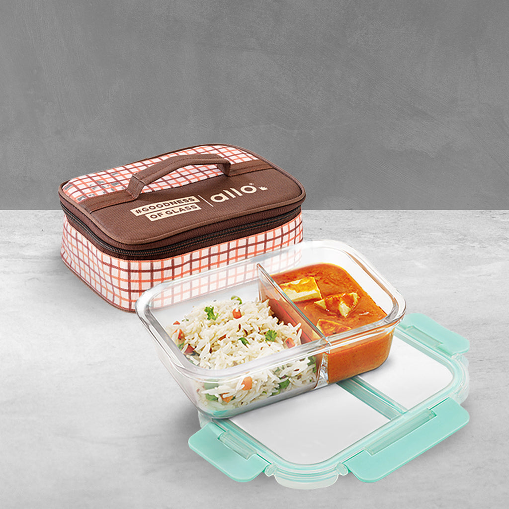 1000ml Allo FoodSafe Microwave Oven Safe Glass Lunch box with Break Free Detachable Lock with Cocoa Brown Bag Tiffin
