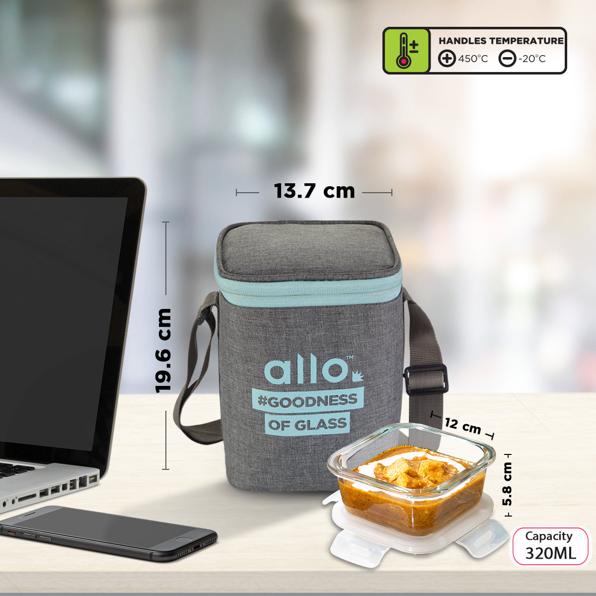 Allo Food Safe Glass Lunch Box, 450°C Microwave Safe Lunch Box, Borosilicate Glass Tiffin for office with Canvas grey Tiffin Bag, Set of 3, 320ml x 3, square