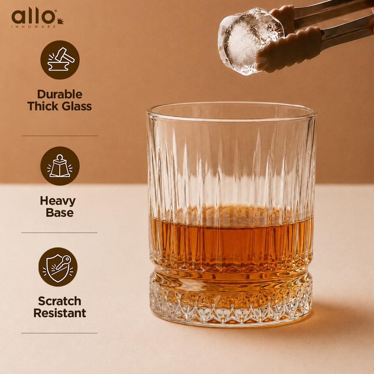 Allo Glass Set Of 6 Premium Whisky Glasses, 335 ml, For Drinking Water, Wine, Cocktail, Mocktail, Martini, Liquor, Alcohol, Scotch, Bourbon | Gift Set Packaging | Transparent Vertical Diamond Glass