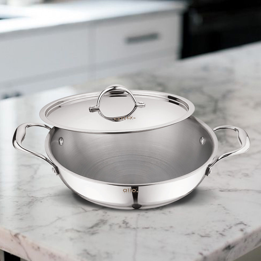 5.5L Allo CookSafe TriPly Kadhai | Stainless Steel | With Stainless Steel Lid | Induction Friendly | 30cm