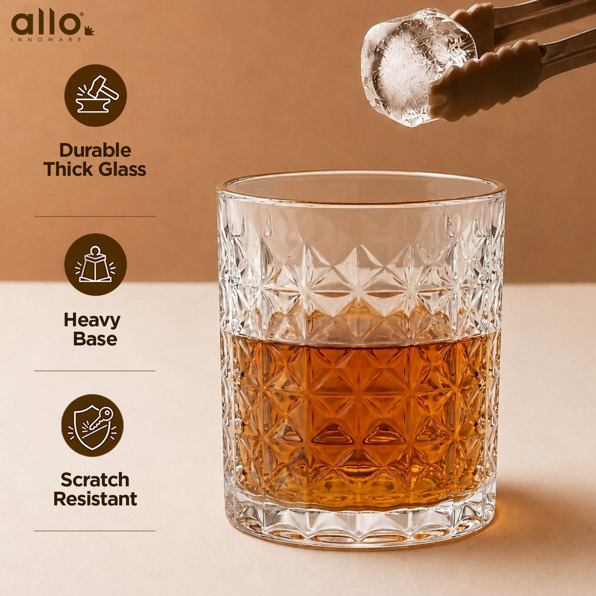 Allo Glass Set Of 6 Premium Whisky Glasses, 330 ml, For Drinking Water, Wine, Cocktail, Mocktail, Martini, Liquor, Alcohol, Scotch, Bourbon | Gift Set Packaging | Transparent Criss Cross Diamond Glass