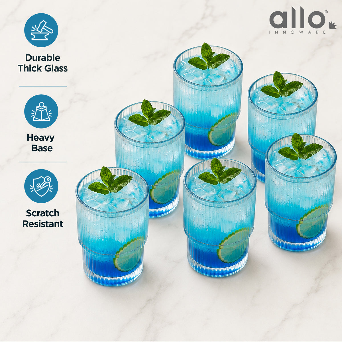 Allo Premium Glass Set Of 6, 193 ml, Latest Design Glasses For Water, Juice, Whisky, Cold Drink | Perfect For Home, Restaurants & Parties, Gift Set Packaging | Transparent Ribbed Glass