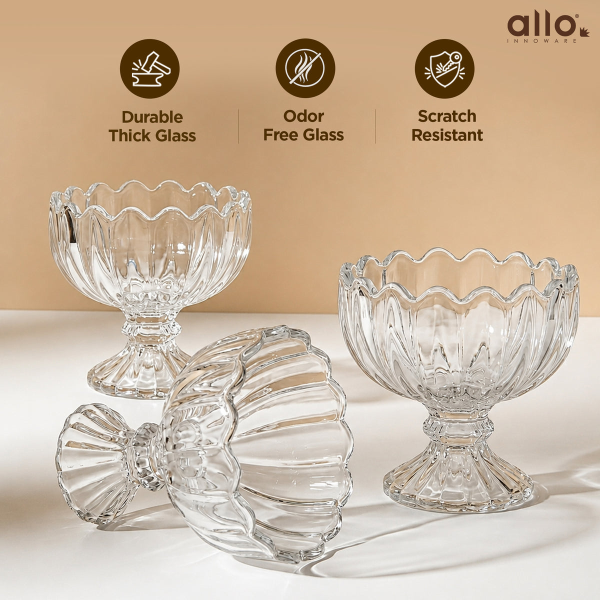 Allo Glass Ice Cream Bowl Set Of 6, 240 ml, Dessert Glasses For Icecream, Pudding, Candy, Snacks, Dates, Dry Fruit | Cups For Gifting And Serving, Gift Set Packaging | Petal Edge Dessert Bowl