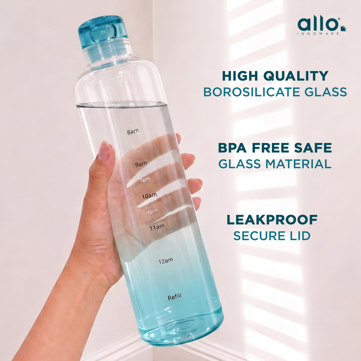 Allo Glass Water Bottle For Women & Men, 600 ml, Aesthetic H2O Bottles For Drinking Detox Water, Juice, Milk, Soda | 0.4 Ltr Bottle For Fridge, Storage, Home | Gift Set Packaging | Time Marked Blue