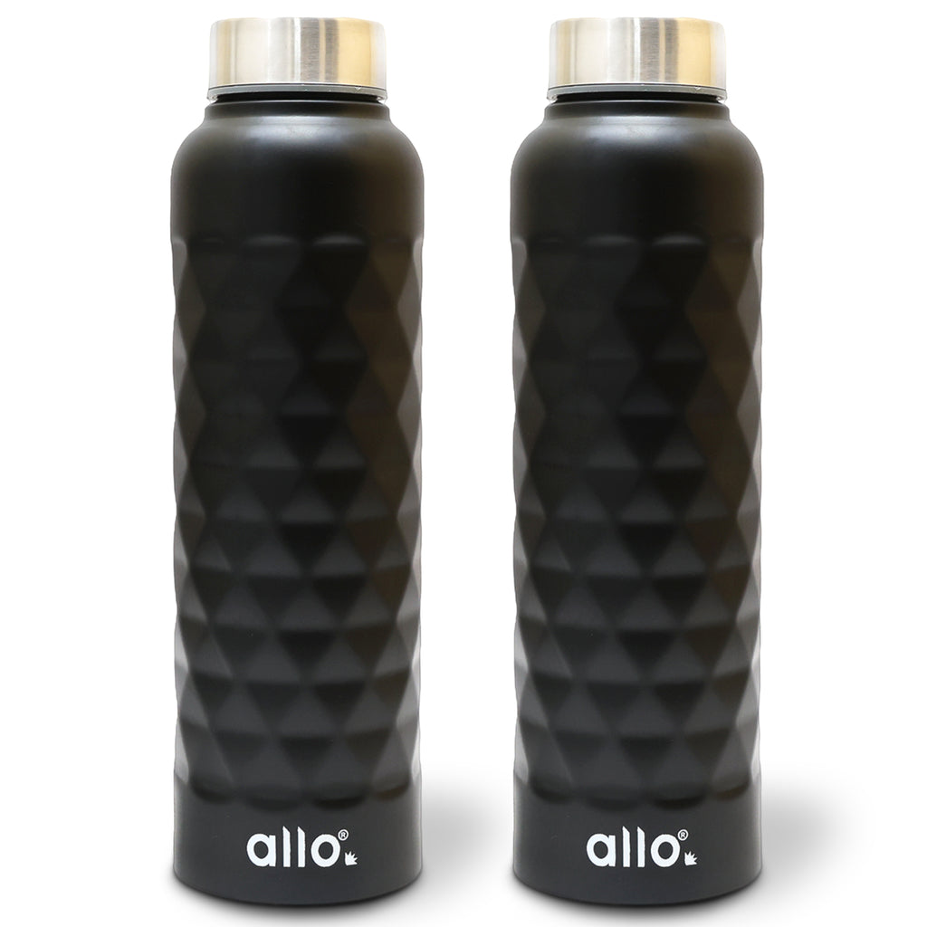 Allo Stainless Steel Water Bottle For Adults, Kids 1 Litre Water Bottles For School, Office, Sports, Gym 1L Water Bottle For Men And Women, Pack Of 2 | Leak Proof & Bpa Free, Black Diamond Steel Cap
