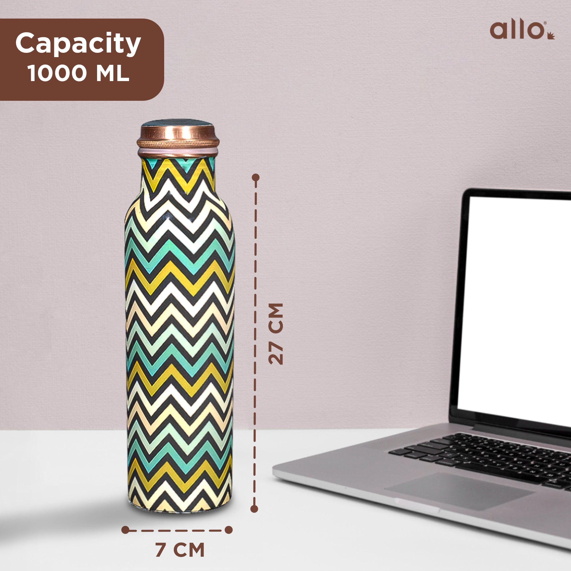 Allo Pure Copper Water Bottle 1 Litre Copper Bottle | Alkaline and Anti Oxidant | 100% Leak Proof, Office, Gym Bottle, Modern Tamba Bottle for Adults, Best Gift for Diwali (Chevron Green & Yellow)