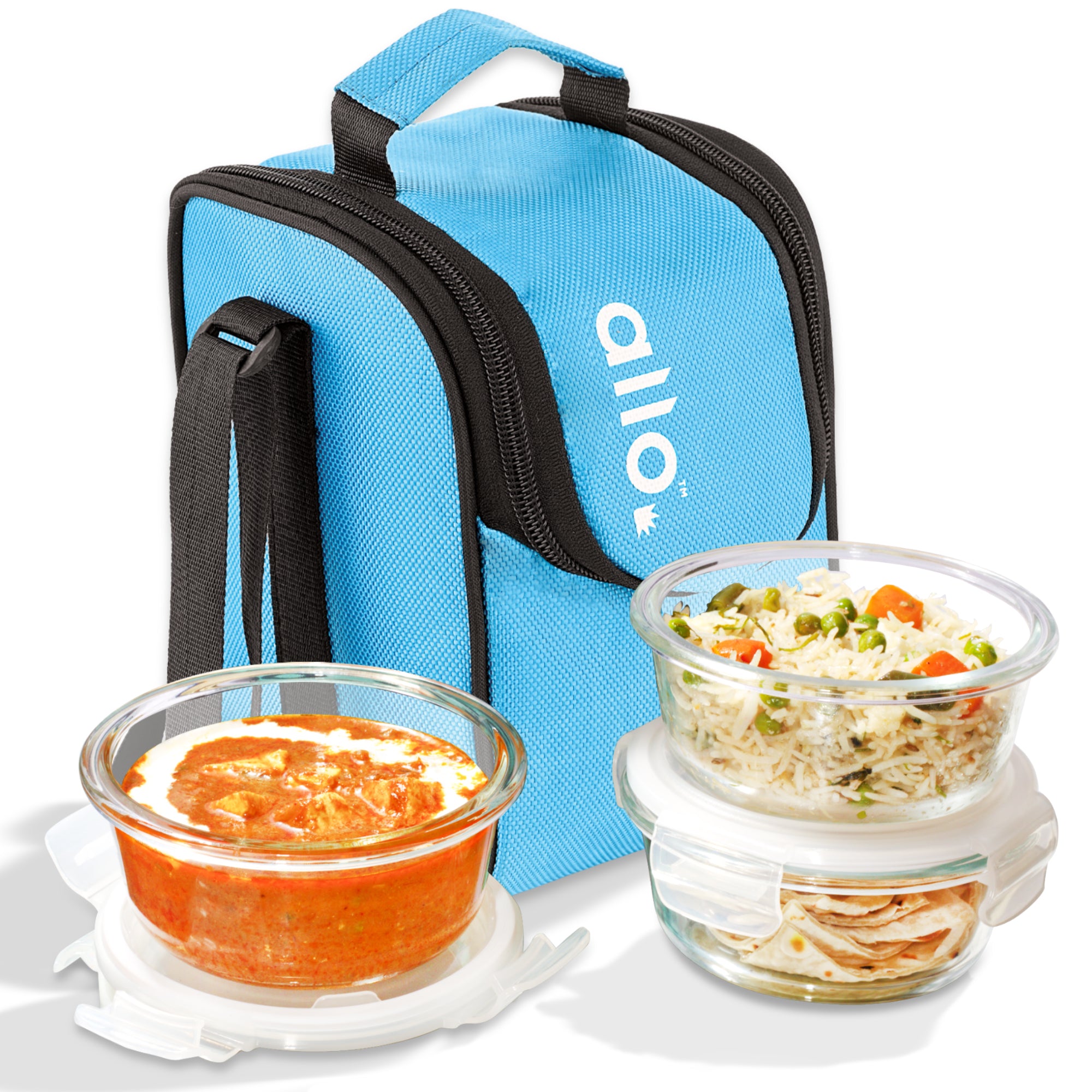 Allo Food Safe Glass Lunch Box, 450°C Microwave Safe Lunch Box, Borosilicate Glass Tiffin for office with Sky Blue Tiffin Bag, Set of 3, 400ml x 3, Round