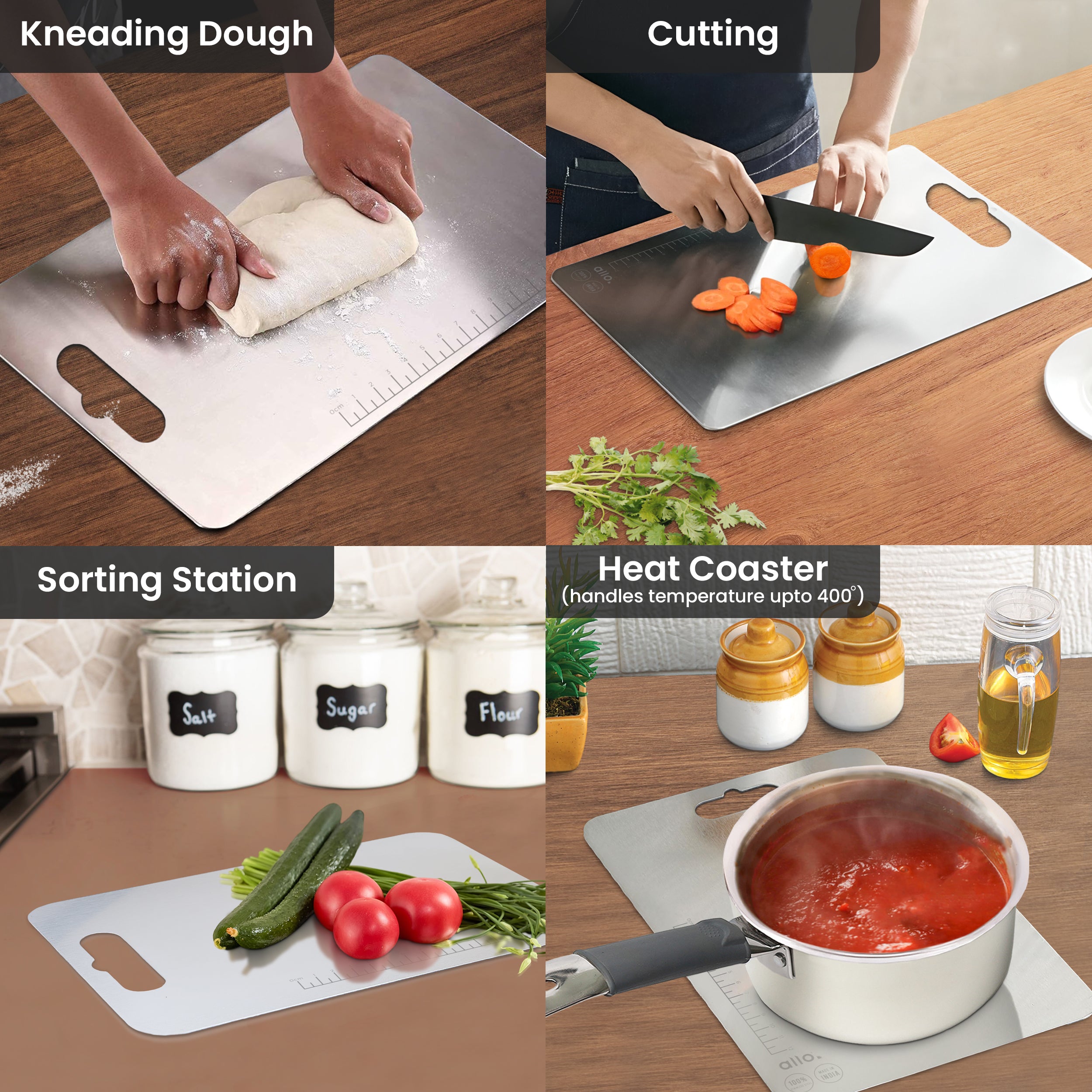 Allo Premium Stainless Steel Chopping Board with Handle (31 x 20.5cm) – Large Heavy-Duty Metal Cutting Board for Kitchen, Knife Friendly | Vegetable & Fruit Cutter Pad