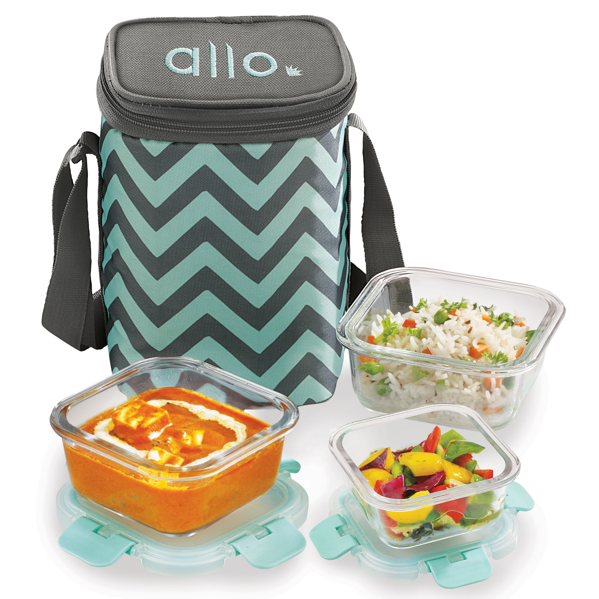 Allo Food Safe Glass Lunch Box With Breakfree Detachable Lock, Microwave Safe Lunch Box Borosilicate Glass Tiffin For Office With Chevron Mint Tiffin Bag, Set Of 3, 160Ml X 1, 310Ml X 2