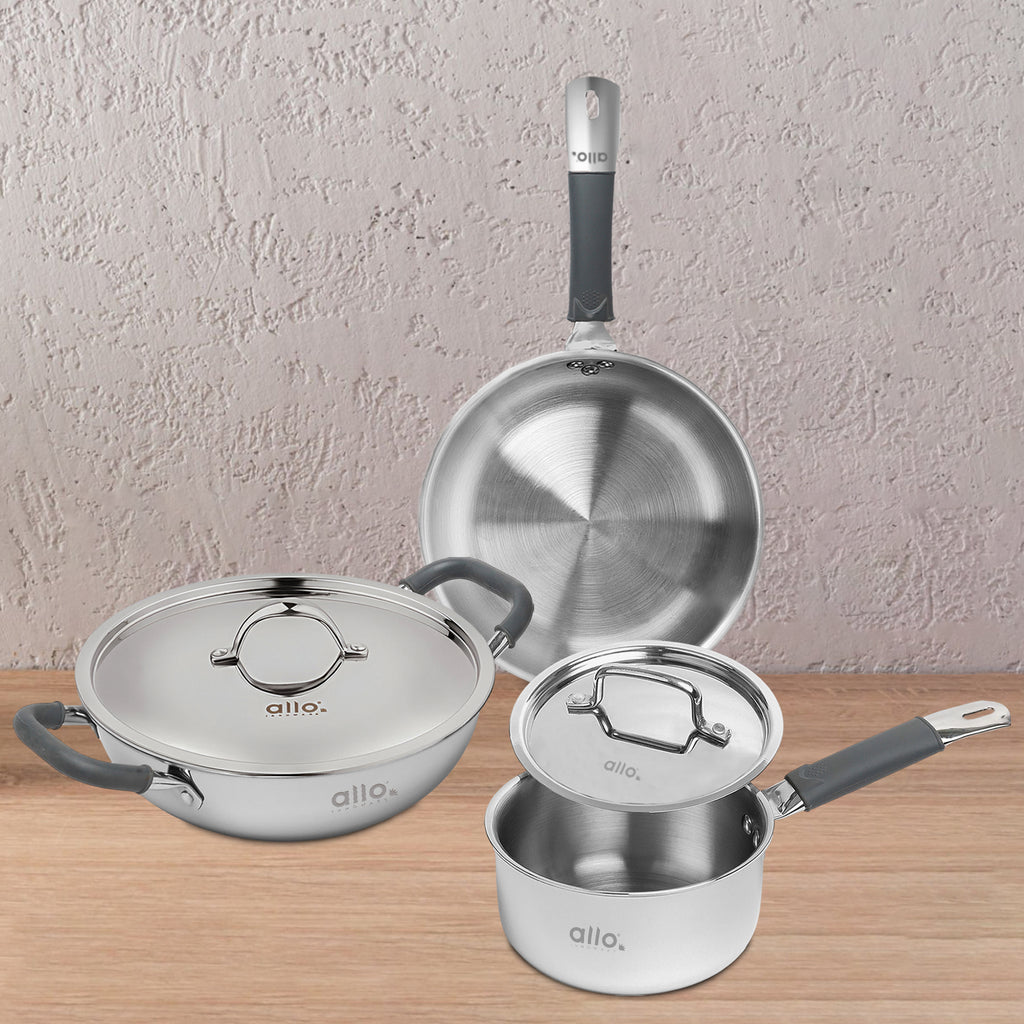 Allo Stainless Steel Triply Cookware Set | Kadai with Lid (22 Cm/3 L)+ Fry Pan (22 Cm/1.5L)+ Saucepan (16 Cm/1.5L) | Perfect Cooking Combo/Stir-Fry/Deep-Fry Induction Friendly Set of 5 | Nonstick