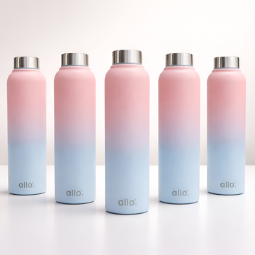 Allo Stainless Steel Water Bottle For Adults, Kids 1 Litre Water Bottles For School, Office, Sports, Gym 1L Water Bottle For Men & Women, Pack Of 5, Leak Proof, Bpa Free, Pink & Baby Blue Handle Cap