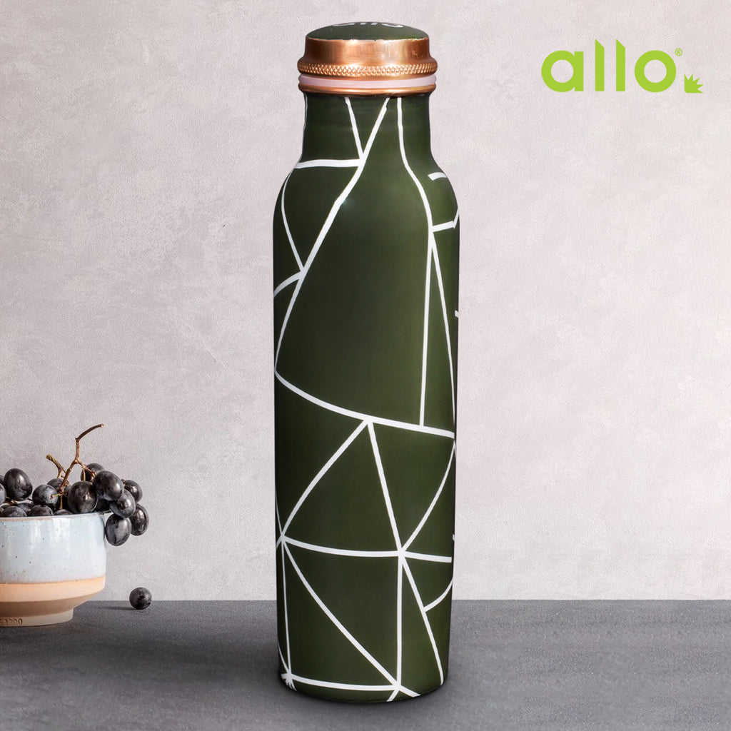 Allo Pure Copper Water Bottle 1 Litre Copper Bottle | Alkaline and Anti Oxidant | 100% Leak Proof, Office, Gym Bottle, Modern Tamba Bottle for Adults, Best Gift for Diwali (Olive Green Abstract Line)