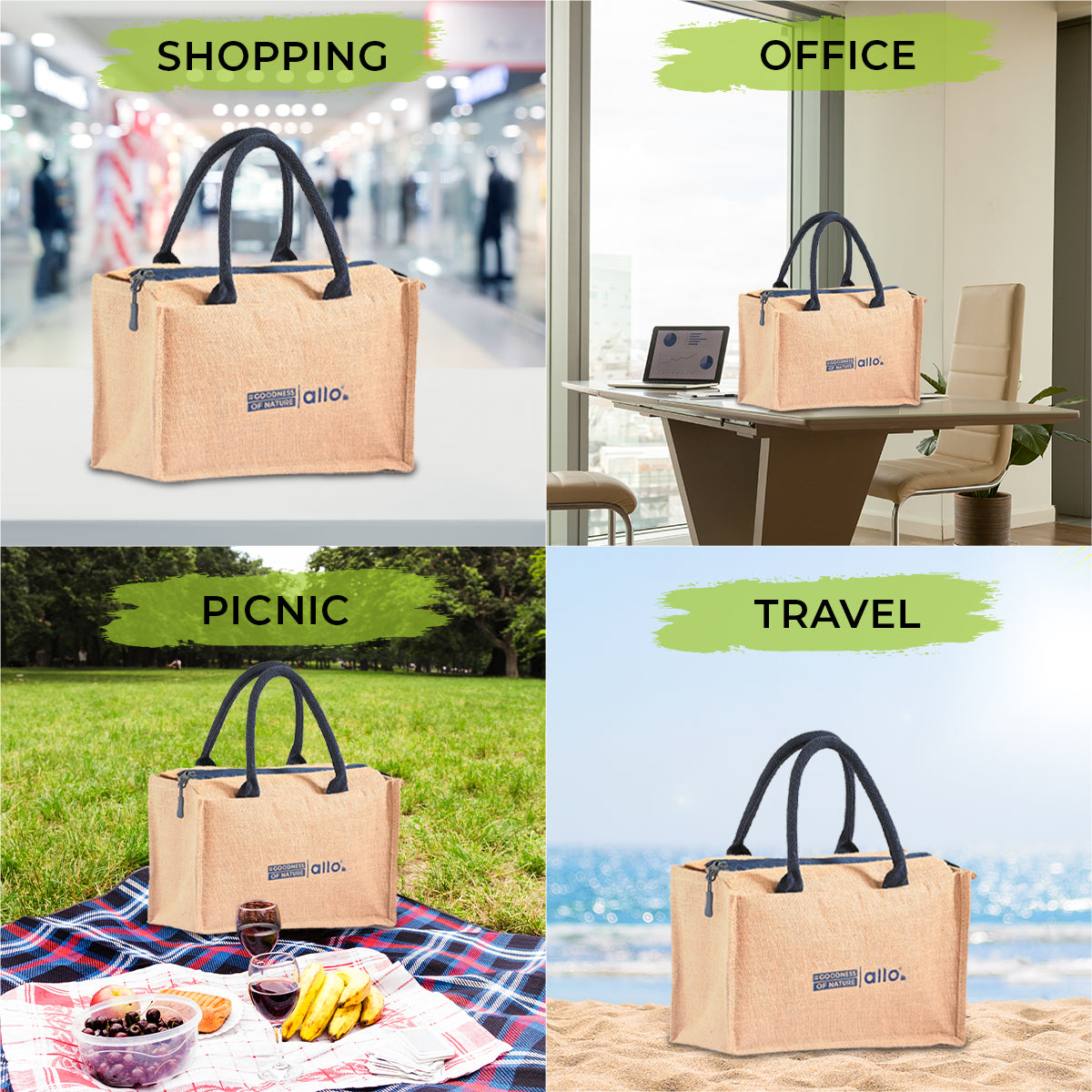 Allo Insulated Jute Bag for Lunch Box for Men, Women & Kids, Water Resistant, Tiffin Bag for Office, Reusable Multipurpose Hand Bag for Shopping, Grocery with Triple Padding