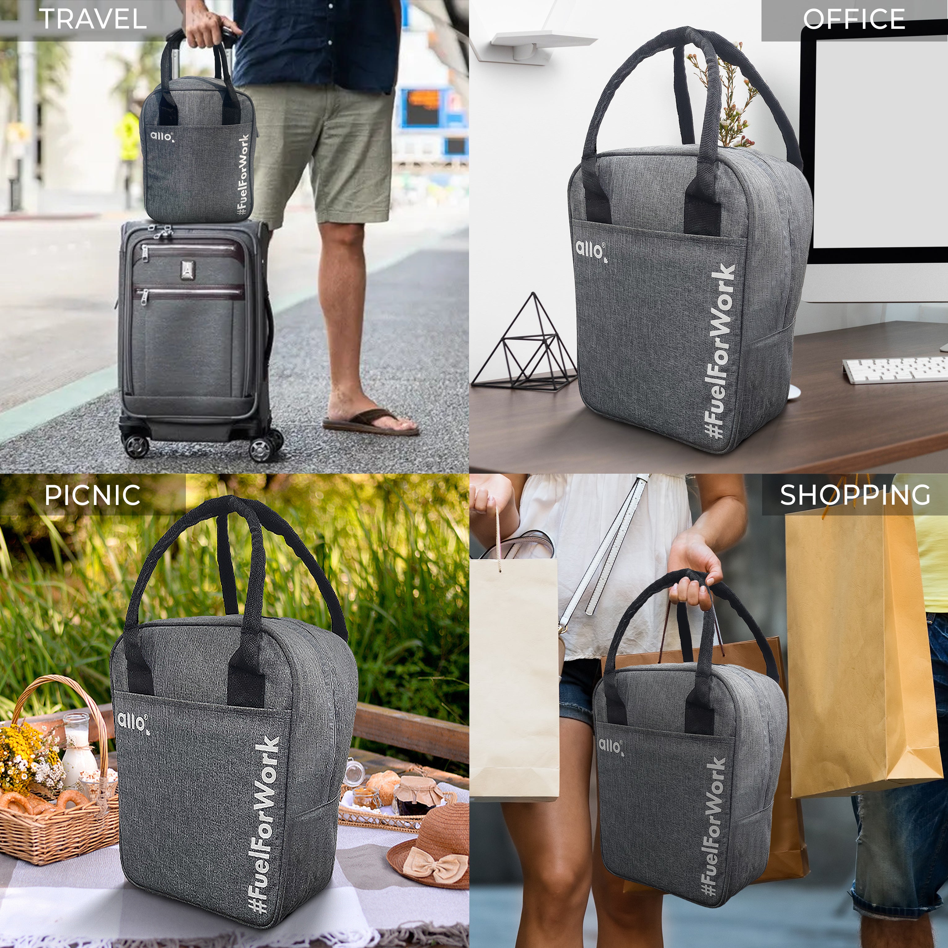 Allo Lunch Bag for Office, School & College, Washable Unisex Tiffin Bag for Men, Women & Kids, Lightweight, Leakproof, Water and Dust Resistant Multipurpose Lunch Bag, Canvas Light Grey (FFW)