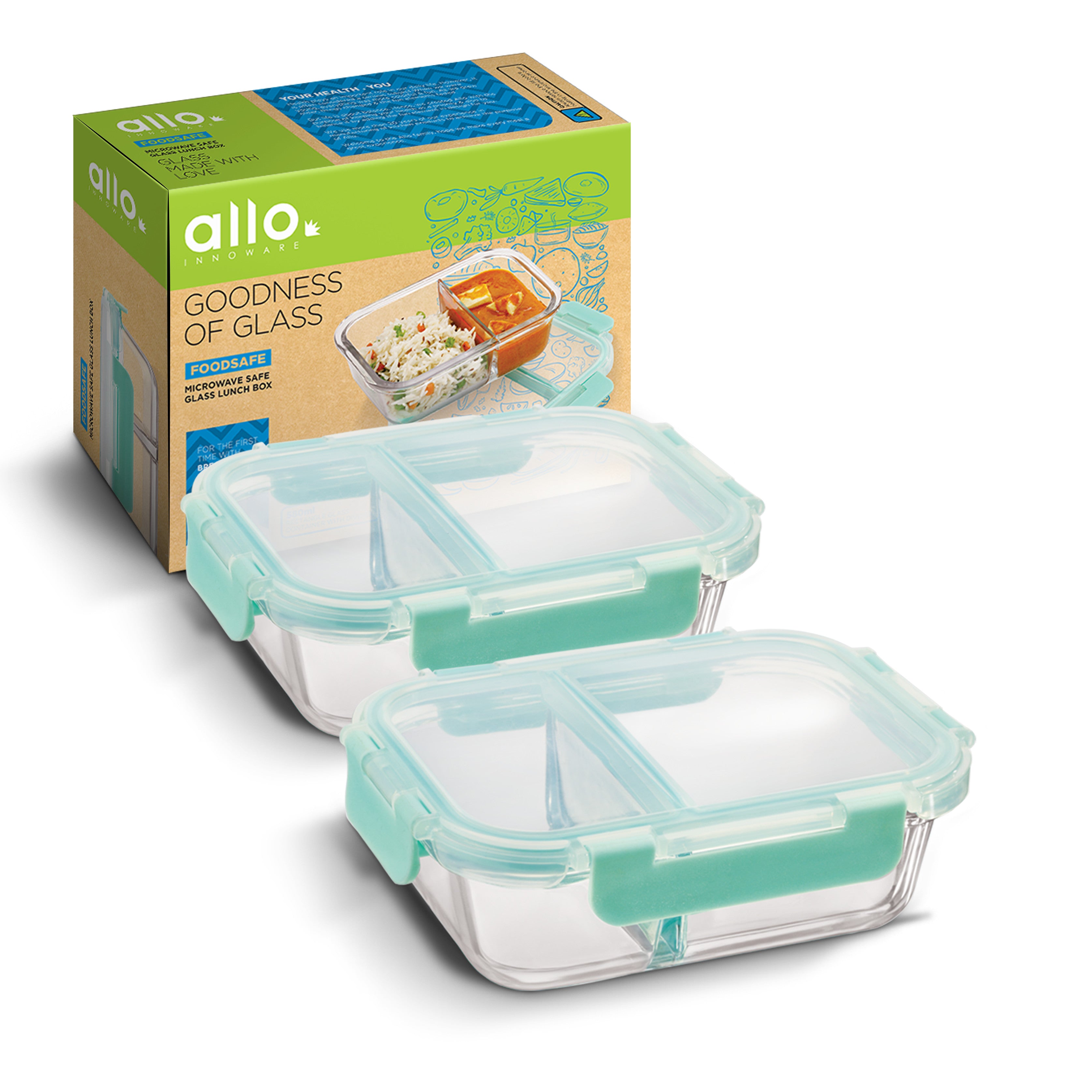 Allo FoodSafe Glass Containers with Lids with Break Free Lock, Microwave Safe Containers, Borosilicate Meal Prep Glass Food Storage Containers for Kitchen, Set of 2, 580ml, Rectangle, Transparent