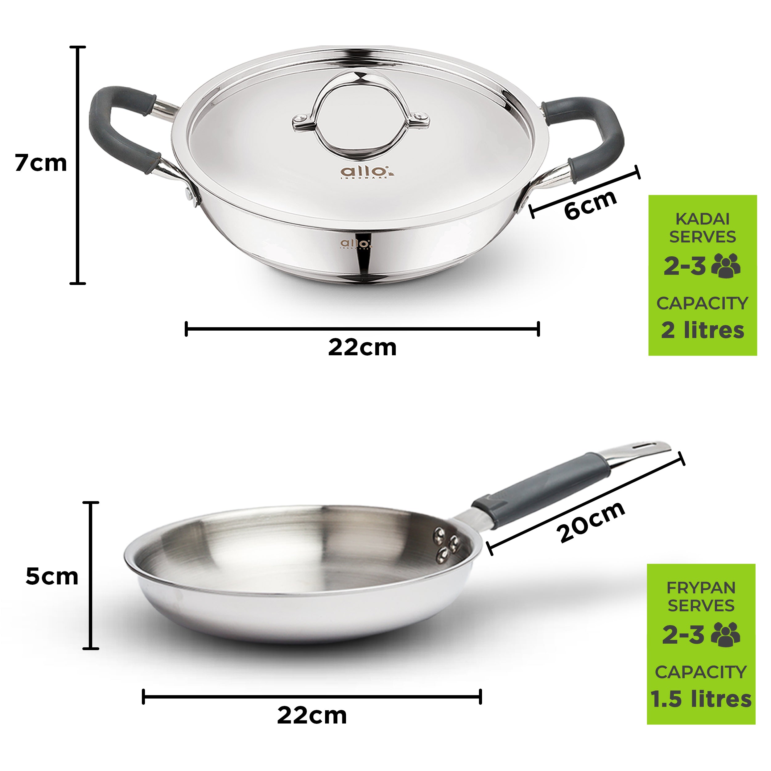 Allo Stainless Steel Triply Cookware Set | Kadai with Lid (22 Cm/3 L)+ Fry Pan (22 Cm/1.5L) | Perfect Cooking Combo for Curry/Stir-Fry/Deep-Fry/DryVeg/SautA Induction Friendly Set of 3Pcs | Nonstick