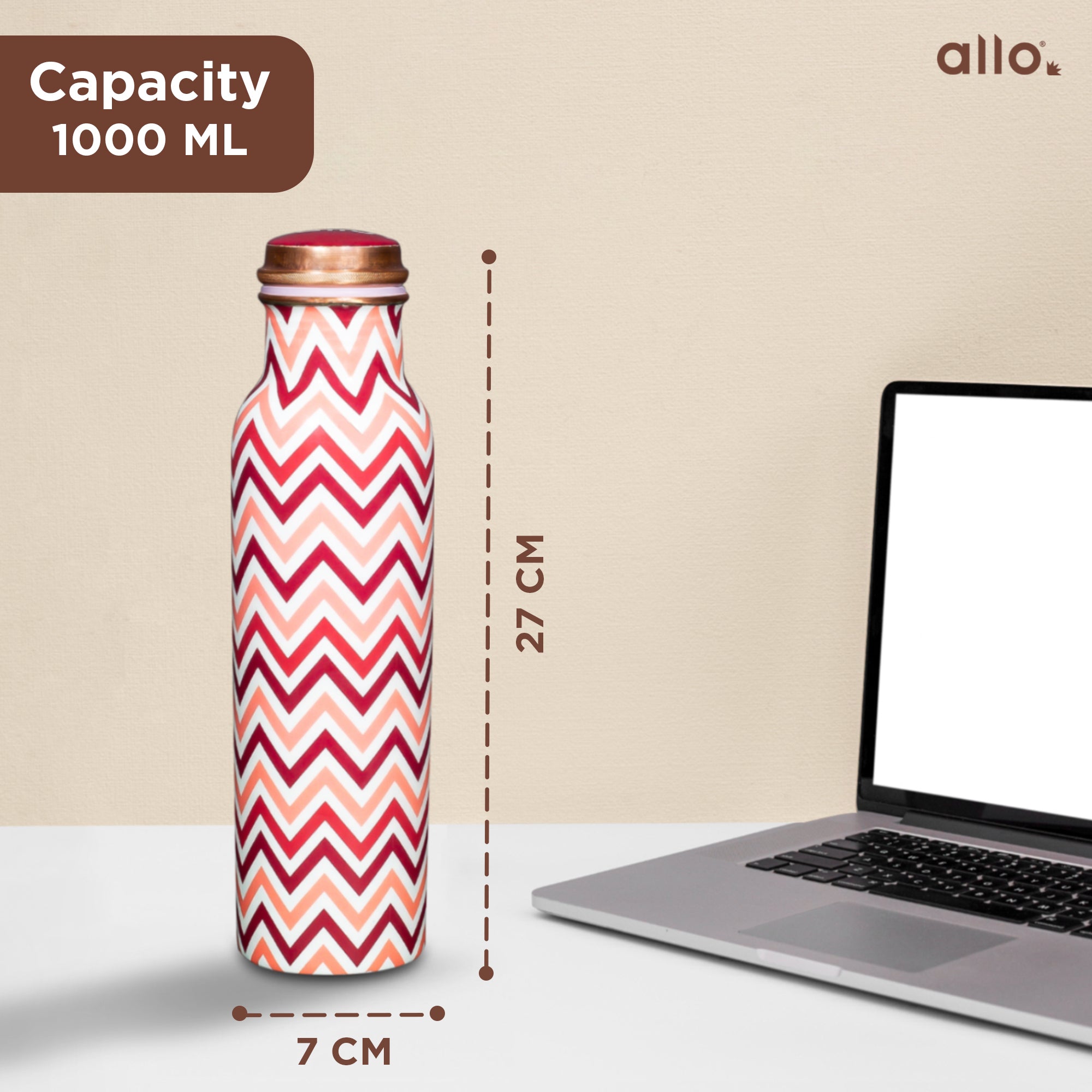 Allo Pure Copper Water Bottle 1 Litre Copper Bottle | Alkaline and Anti Oxidant | 100% Leak Proof, Office, Gym Bottle, Modern Tamba Bottle for Adults, Best Gift for Diwali (Chevron Red & Pink)