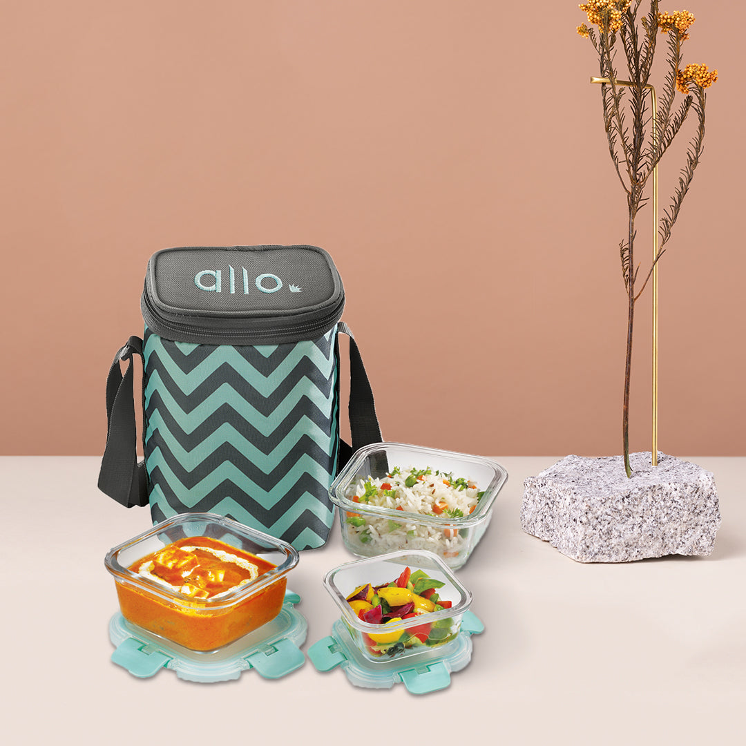 Allo Food Safe Glass Lunch Box With Breakfree Detachable Lock, Microwave Safe Lunch Box Borosilicate Glass Tiffin For Office With Chevron Mint Tiffin Bag, Set Of 3, 160Ml X 1, 310Ml X 2