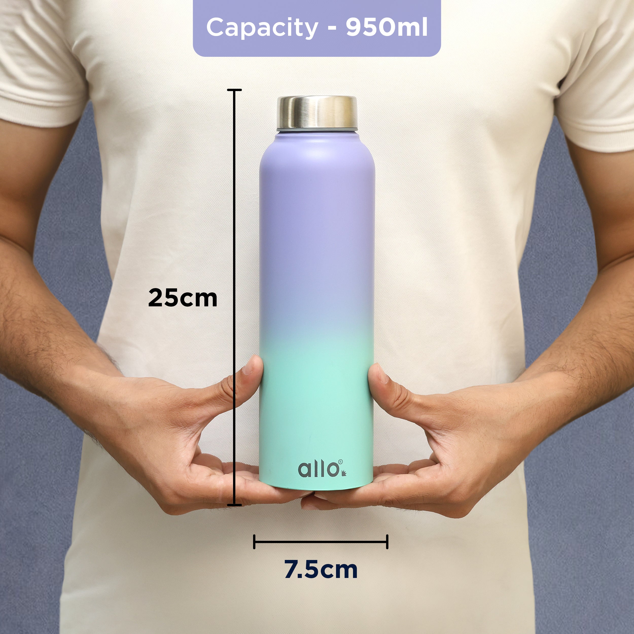 Allo Stainless Steel Water Bottle For Adults, Kids 1 Litre Water Bottles For School,Office,Sports,Gym 1L Water Bottle For Men & Women, Pack Of 2 | Leak Proof, Bpa Free, Lavender & Baby Blue Steel Cap