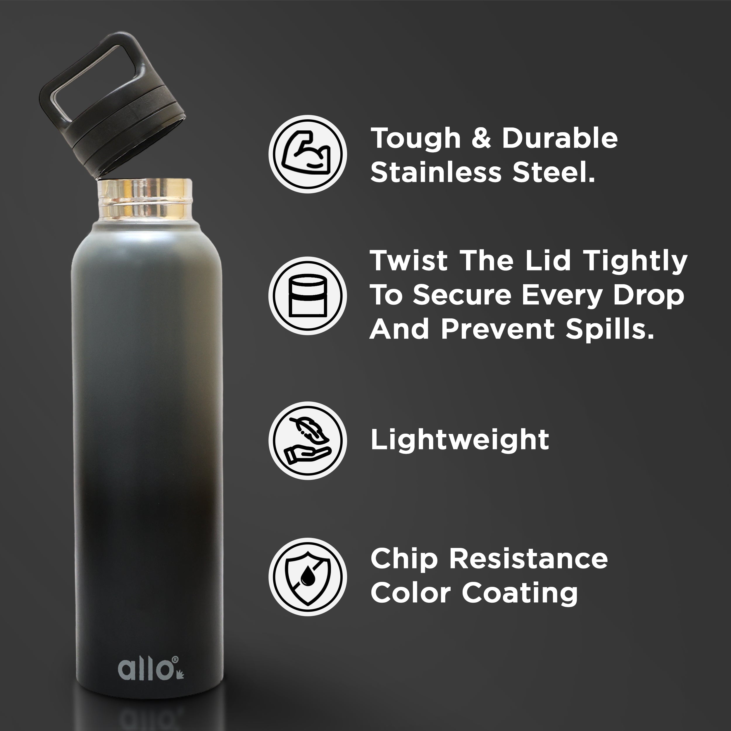 Allo Stainless Steel Water Bottle For Adults, Kids 1 Litre Water Bottles For School, Office, Sports, Gym 1L Water Bottle For Men & Women, Pack Of 5, Leak Proof, Bpa Free,Dark Grey and Black Handle Cap