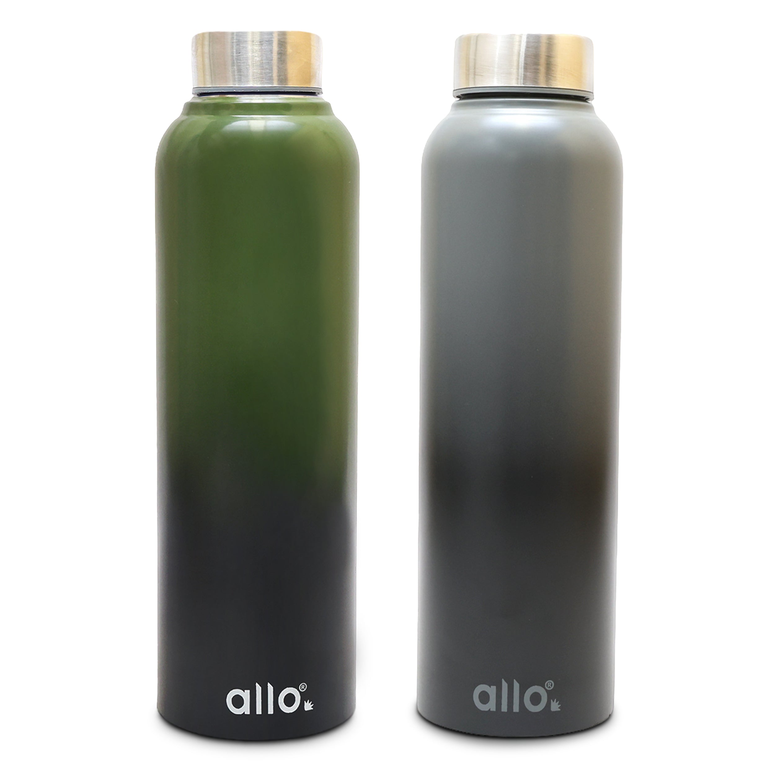 Allo Stainless Steel Water Bottle For Adults, Kids 0.95 Litre Water Bottles For School, Office, Sports, Gym 950ML Water Bottle For Men And Women, Pack Of 2| Leak Proof, Bpa Free, Olive Green & Dark Grey