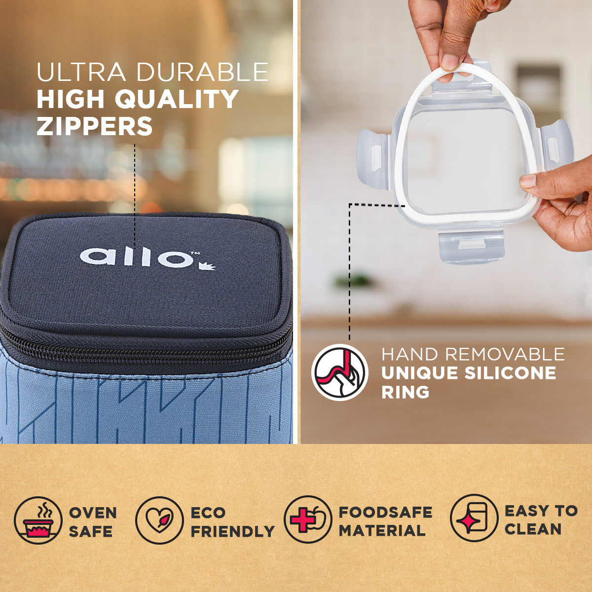Allo Food Safe Glass Lunch Box, 450°C Microwave Safe Lunch Box, Borosilicate Glass Tiffin for office with Space Blue Tiffin Bag, Set of 3, 320ml x 3, square