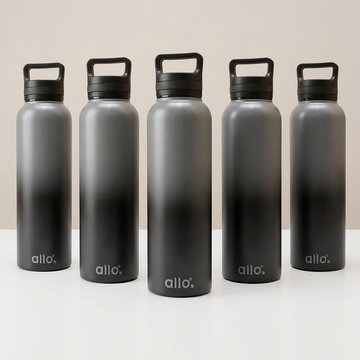 Allo Stainless Steel Water Bottle For Adults, Kids 1 Litre Water Bottles For School, Office, Sports, Gym 1L Water Bottle For Men & Women, Pack Of 5, Leak Proof, Bpa Free,Dark Grey and Black Handle Cap
