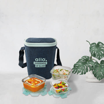 Allo Food Safe Glass Lunch Box with Break Free Detachable Lock, 450°C Microwave Safe Lunch Box, Borosilicate Glass Tiffin for office with Denim Blue Tiffin Bag, Set of 3, 160ml x 1, 310ml x 2, Square.