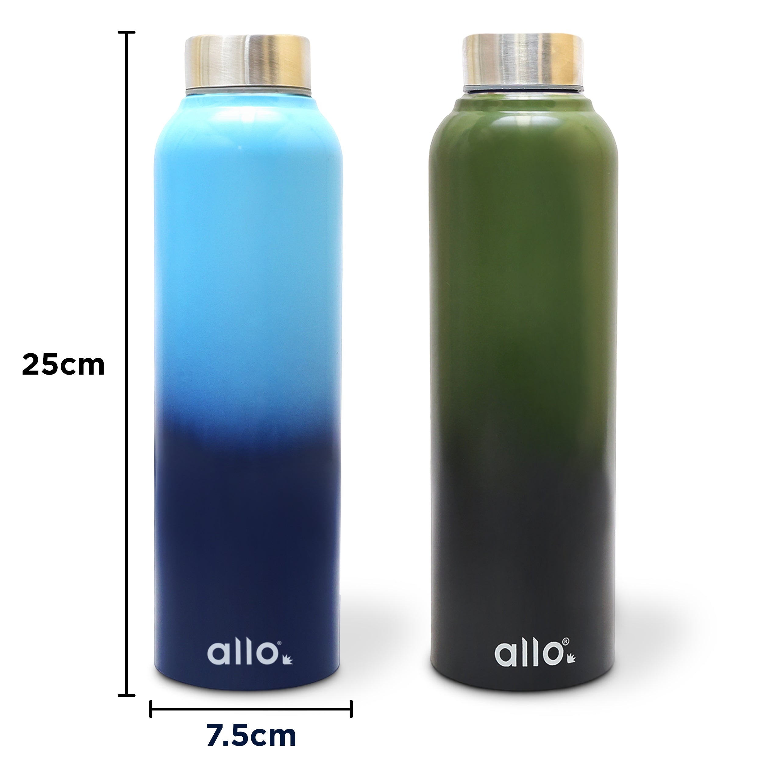 Allo Stainless Steel Water Bottle For Adults, Kids 0.95 Litre Water Bottles For School, Office, Sports, Gym 950ML Water Bottle For Men And Women, Pack Of 2| Leak Proof, Bpa Free, Light & Dark Blue Steel Cap