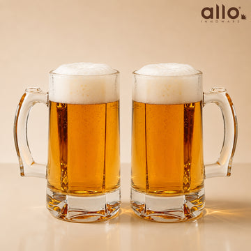 Allo Beer Mug And Drinking Glass Mugs, Set Of 2, 390 ml Each, Serves Beer, Juice, Mocktail, Alcohol, Cocktail, Drinking Glass With Handle, Fluted Glass | Gift Set Packaging | Transparent Crystal Cut