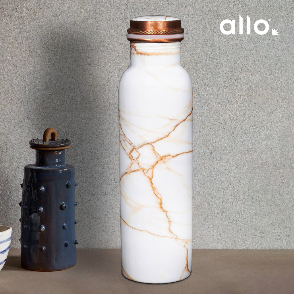 Allo Pure Copper Water Bottle 1 Litre Copper Bottle | Alkaline and Anti Oxidant | 100% Leak Proof, Office, Gym Bottle, Modern Tamba Bottle for Adults, Best Gift for Diwali (White Golden Marble)