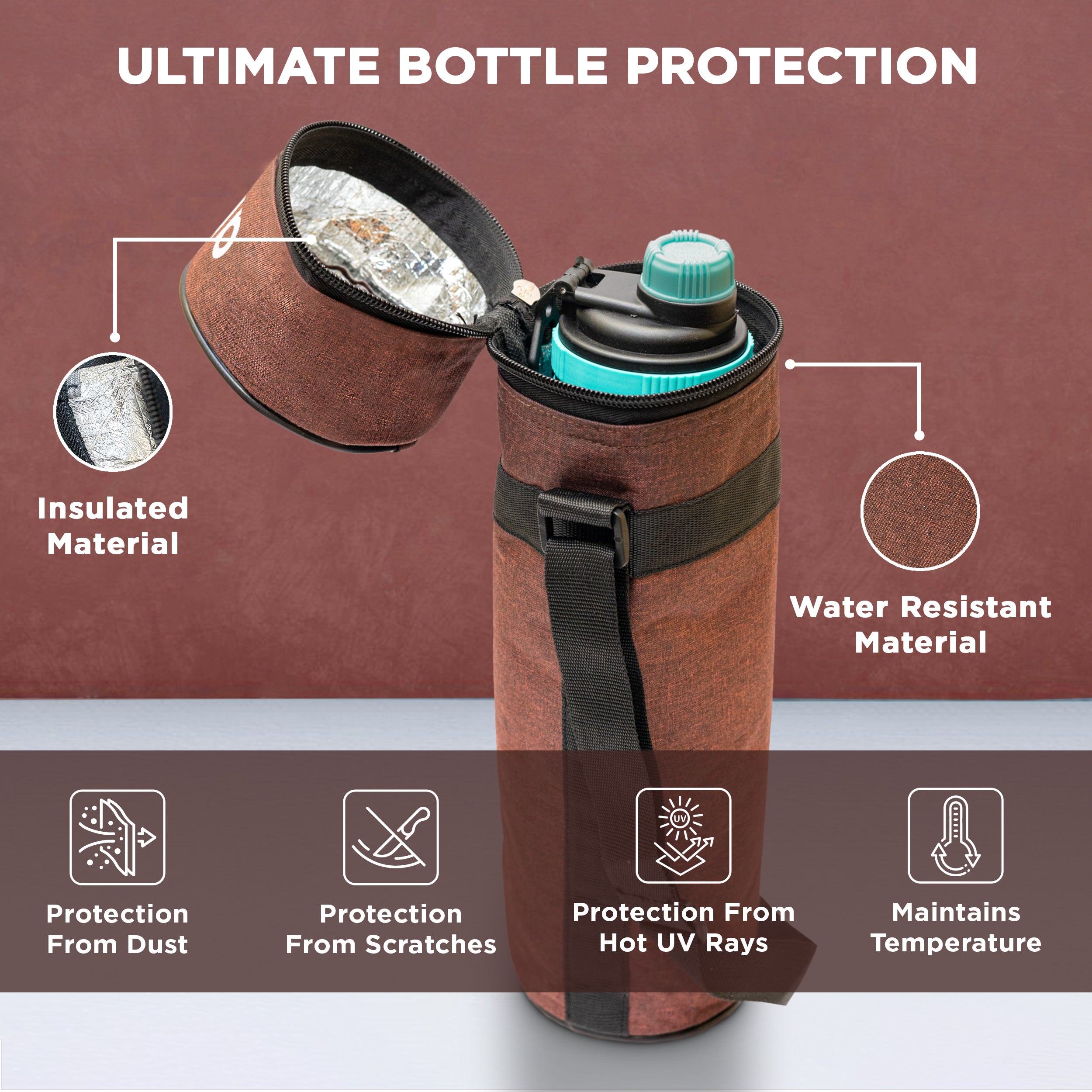 Allo Polyester Thermal Insulated 1L Bottle Cover – Water-Proof Modern Carrier Sleeve with Adjustable Shoulder Handle & Zipper Closure for Travel, Hiking, Office & School, WINE RED