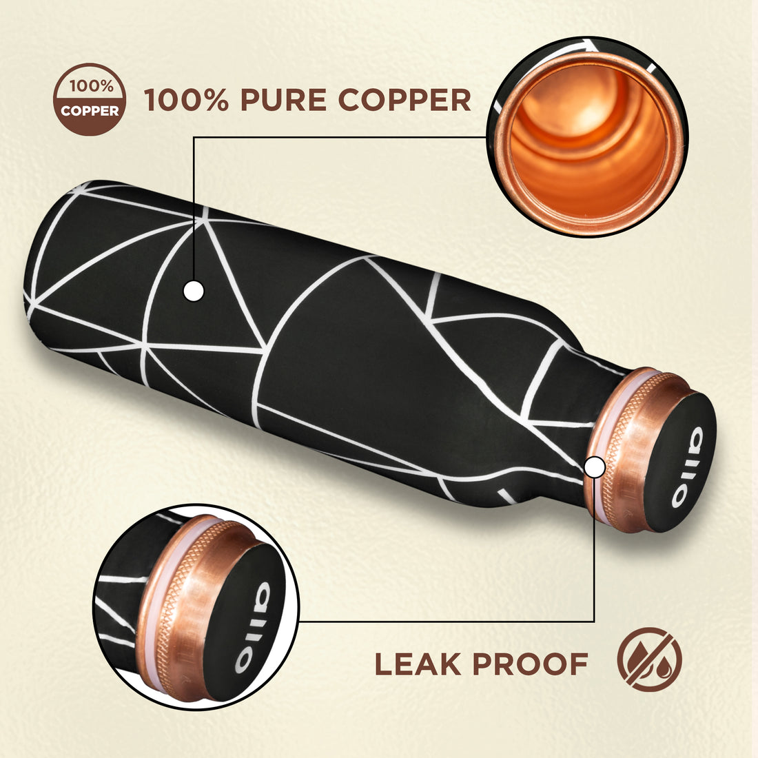 Allo Pure Copper Water Bottle 1 Litre Copper Bottle | Alkaline and Anti Oxidant | 100% Leak Proof, Office, Gym Bottle, Modern Tamba Bottle for Adults, Best Gift for Diwali (Black Abstract Line)