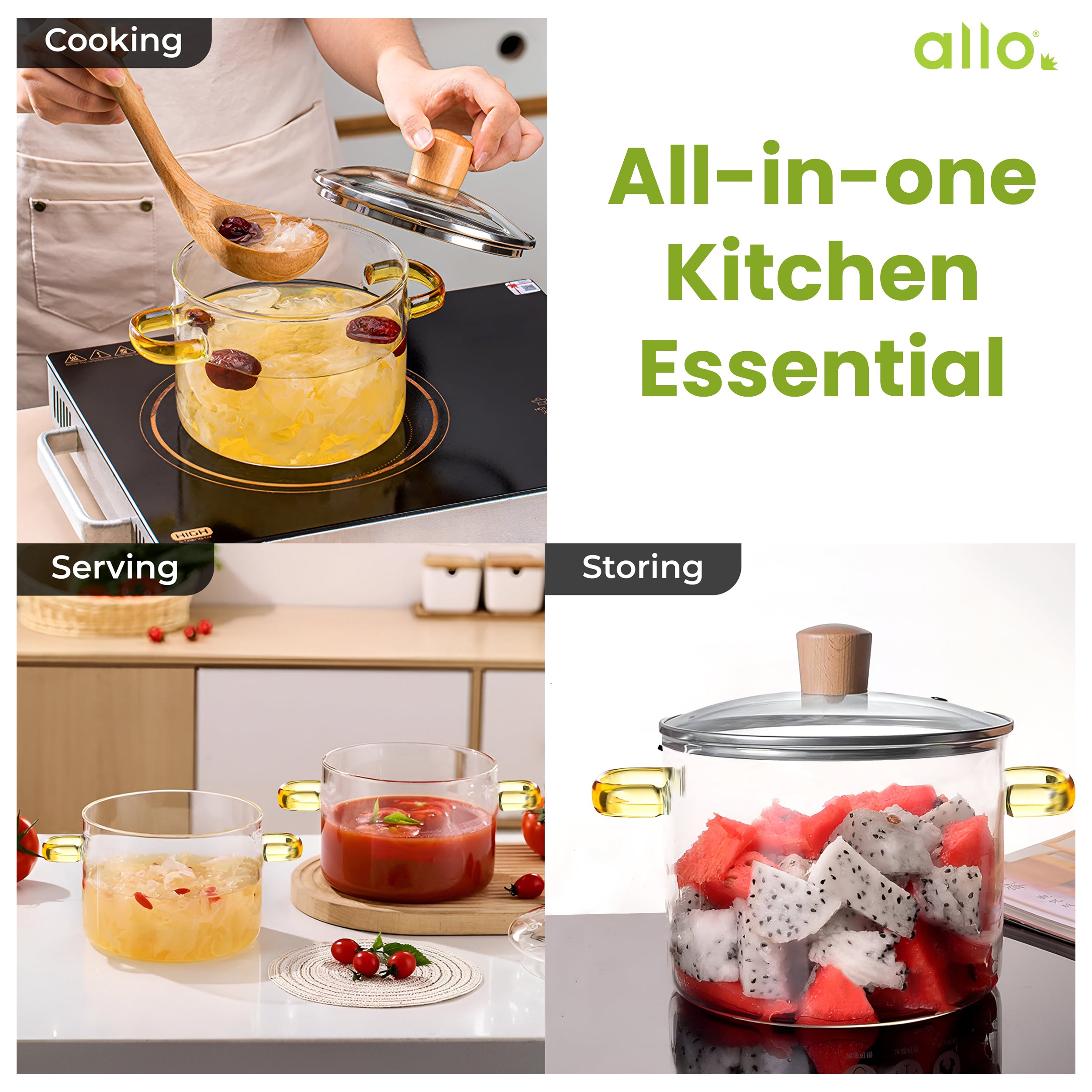 Allo Glass Cookware Cooking Pot With Glass Lid, 3000 Ml | Glass Casserole, Gas Stove Safe, Microwave Safe,100% Borosilicate Glass Vessel For Kitchen