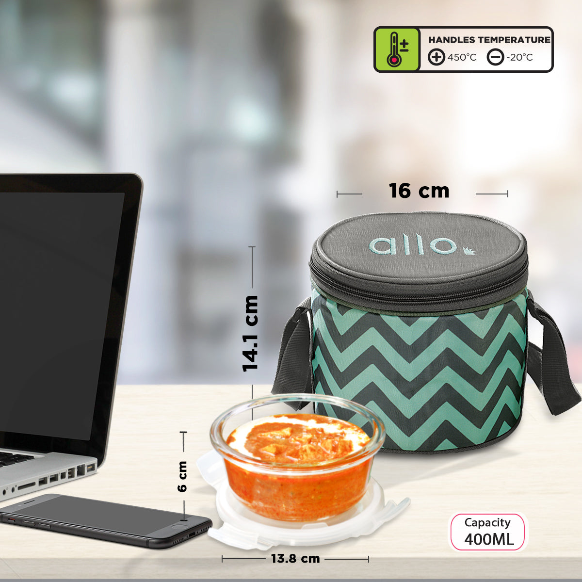 Allo Food Safe Glass Lunch Box, 450°C Microwave Safe Lunch Box, Borosilicate Glass Tiffin for office with Chevron Mint Tiffin Bag, Set of 2, 400ml x 2, round