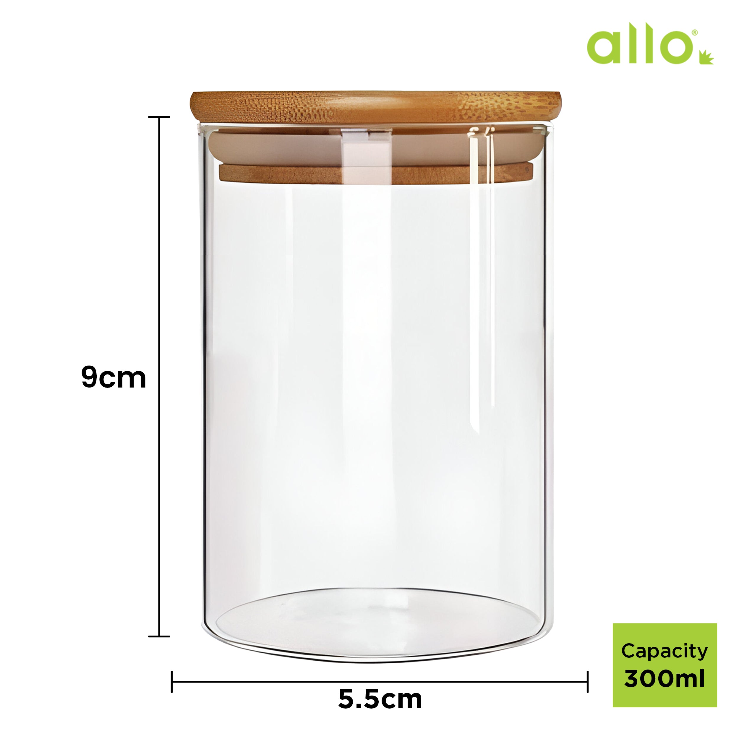 Allo 300ML Kitchen Storage Box Glass Jars With Wooden Lids - Borosilicate Glass Food Storage Containers Airtight Glass Jar for Tea, Coffee, Spice, Pulses, Masala (Round Glass Jar - Set of 1)