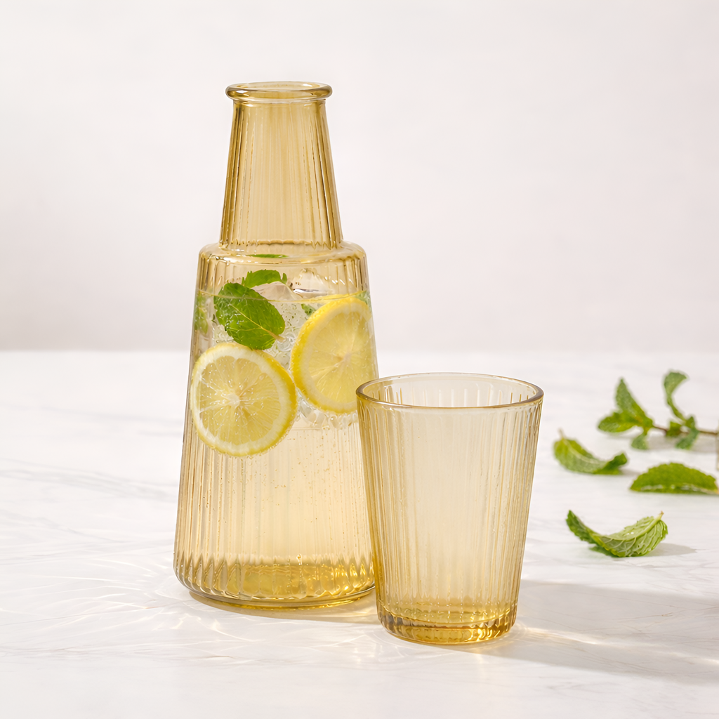 Allo Drinksafe Glass Water Jug With Lid 850ml, Multipurpose Detox Pitcher Jar For Hot & Cold Beverages, Milk, Juice, Iced Tea, Ideal For Gifting, Serving, Dining Table (0.85 Litre Gold Stripped)