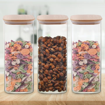 Allo 1000ML Kitchen Storage Box Glass Jars With Wooden Lids - Borosilicate Glass Food Storage Containers Airtight Glass Jar For Tea, Coffee, Spice, Pulses, Masala (Square Glass Jar - Set of 3)