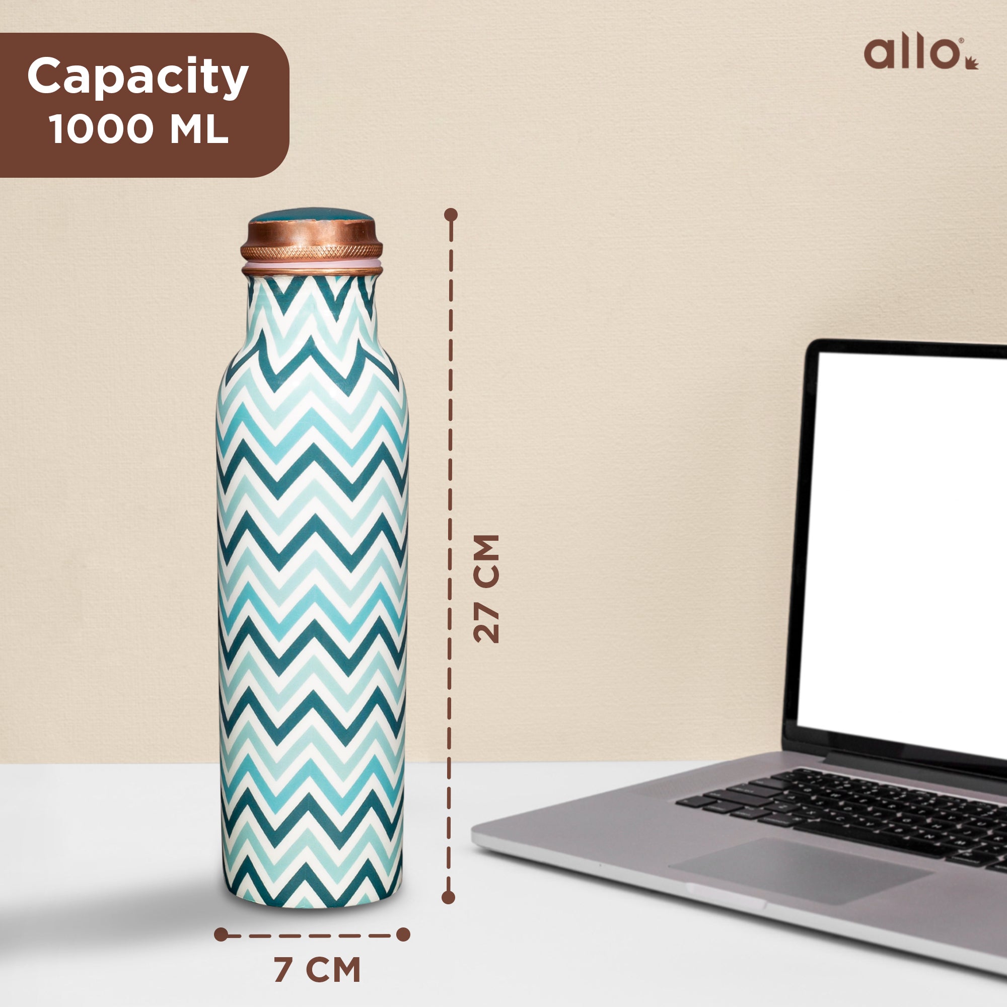 Allo Pure Copper Water Bottle 1 Litre Copper Bottle | Alkaline and Anti Oxidant | 100% Leak Proof, Office, Gym Bottle, Modern Tamba Bottle for Adults, Best Gift for Diwali (Chevron, Teal Blue)