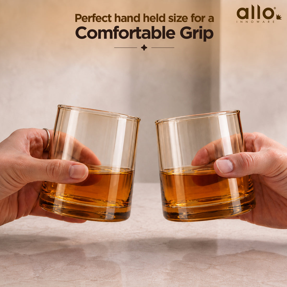 Allo Premium Glass Set Of 6, 260 ml, Latest Design Glasses For Water, Juice, Whisky, Cold Drink | Lead Free | Perfect For Home & Parties, Gift Set Packaging | Thick Base Amber Glass