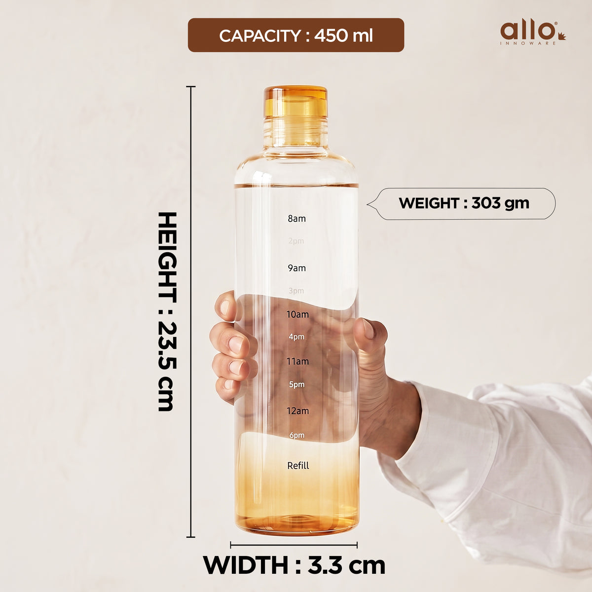Allo Glass Water Bottle For Women & Men, 600 ml, Aesthetic H2O Bottles For Drinking Detox Water, Juice, Milk, Soda | 0.4 Ltr Bottle For Fridge, Storage, Home | Gift Set Packaging | Time Marked Orange