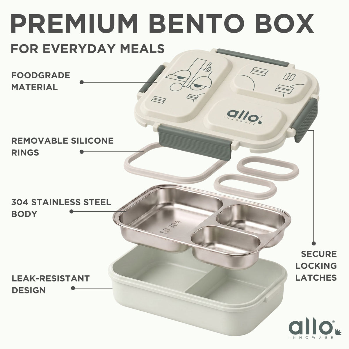 Allo Bento Stainless Steel Lunch Box for Kids- BIS Approved, 304 Stainless Steel 3 Compartment Leakproof Tiffin Box for Boys and Girls for School, Travelling, Baby Snacks, 740ml Green Cool Eyes