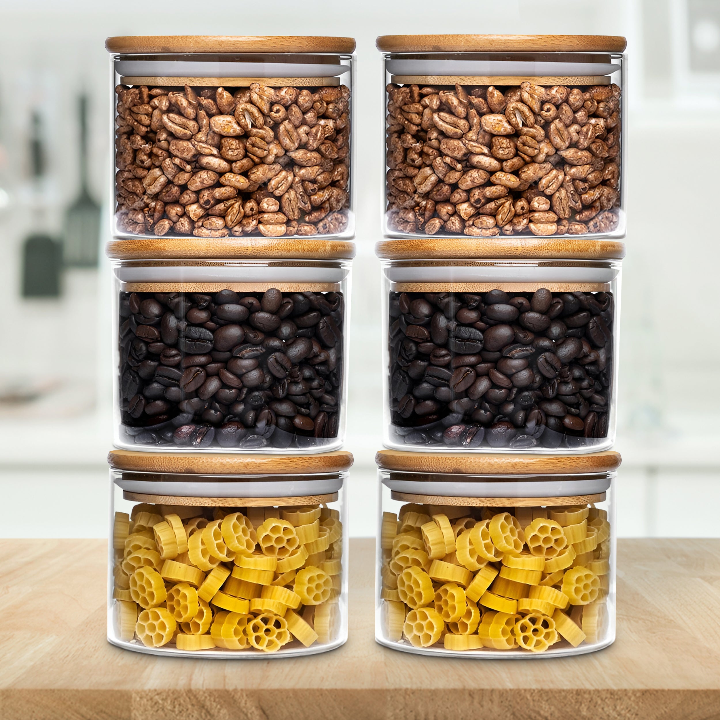 Allo 300ML Kitchen Storage Box Glass Jars With Wooden Lids - Borosilicate Glass Food Storage Containers Airtight Glass Jar for Tea, Coffee, Spice, Pulses, Masala (Round Glass Jar - Set of 6)