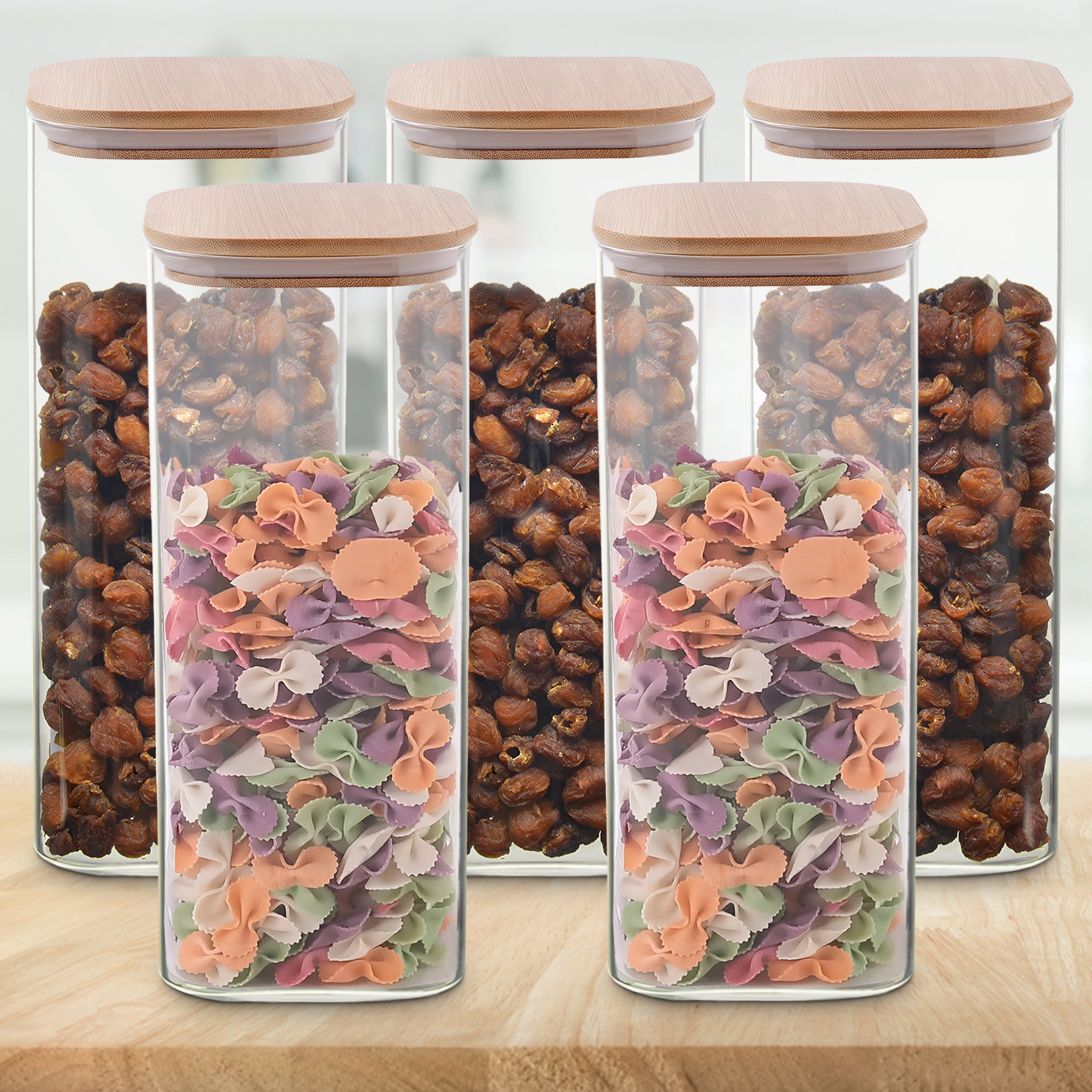 Allo 1000ML Kitchen Storage Box Glass Jars With Wooden Lids - Borosilicate Glass Food Storage Containers Airtight Glass Jar For Tea, Coffee, Spice, Pulses, Masala (Square Glass Jar - Set of 5)