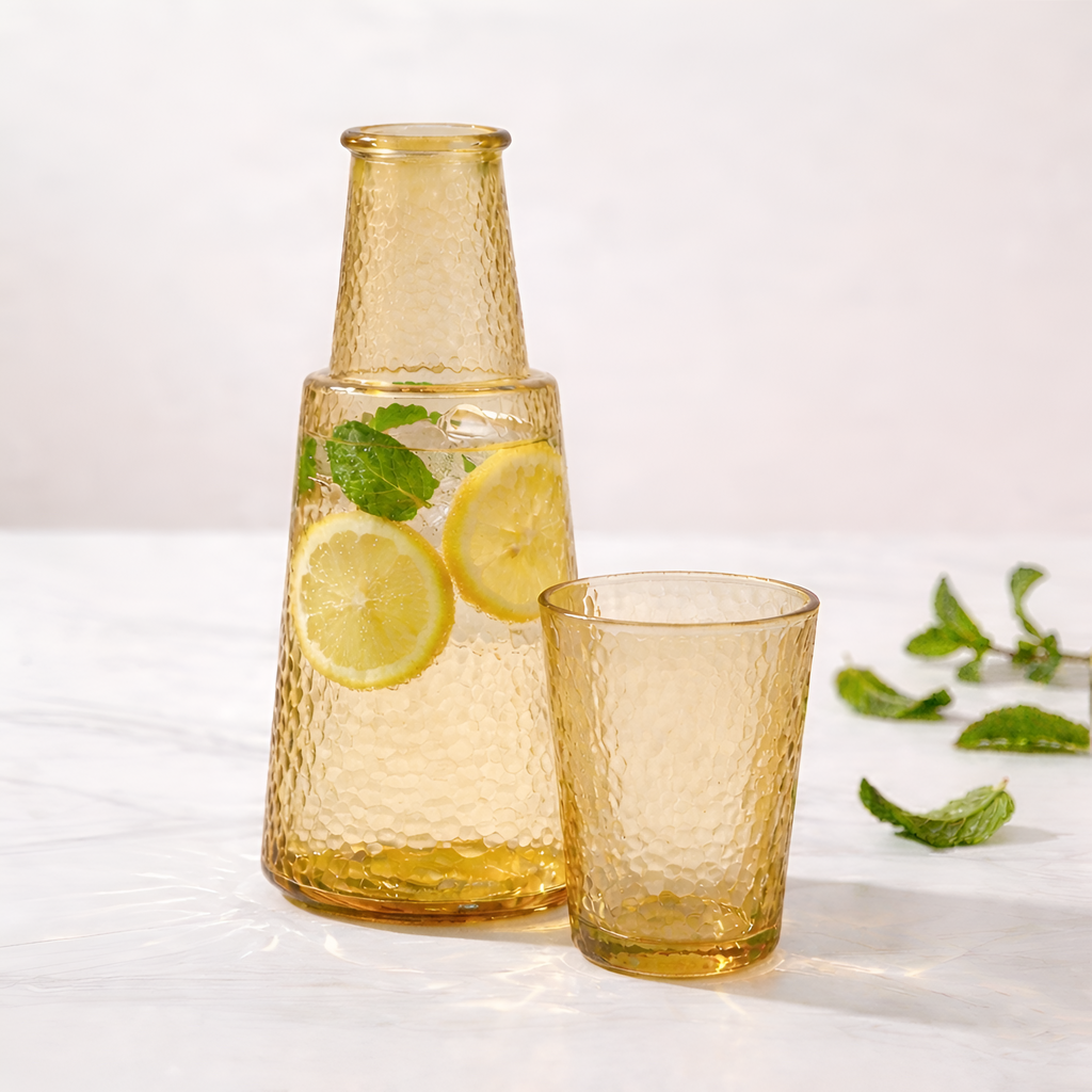 Allo Drinksafe Glass Water Jug With Lid 850ml, Multipurpose Detox Pitcher Jar For Hot & Cold Beverages, Milk, Juice, Iced Tea, Ideal For Gifting, Serving, Dining Table (0.85 Litre Gold Mosaic)